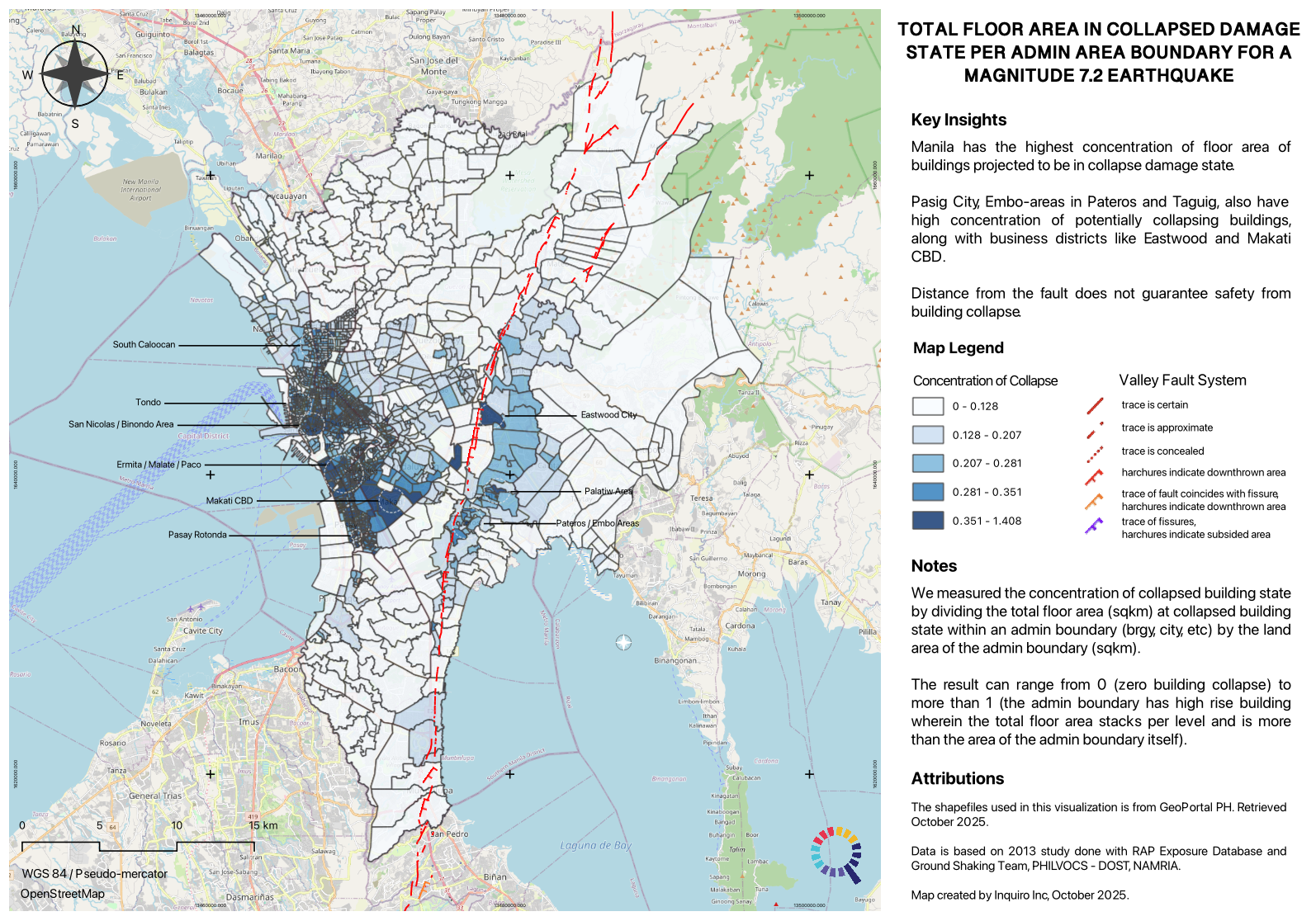 Total floor area in collapsed damage state per admin area boundary for a Big One scenario.
