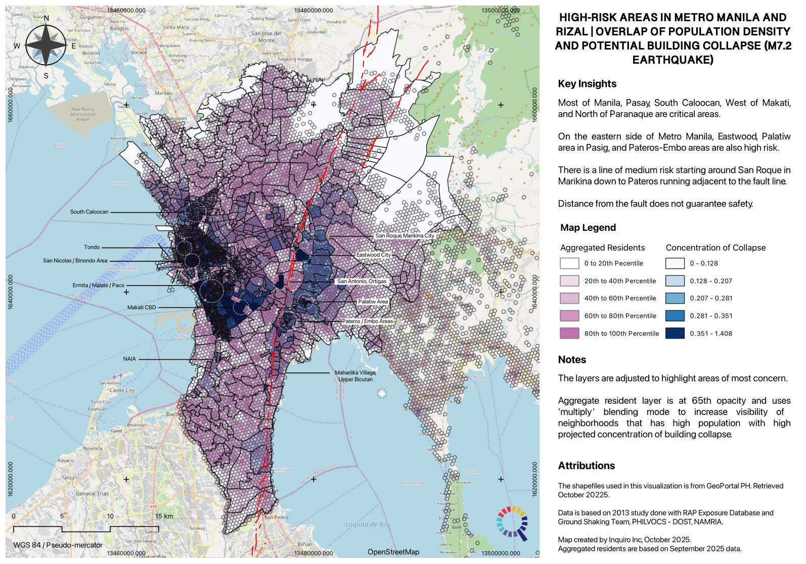 High risk areas in metro manila and rizal | overlap of population density and potential building collapse in a Big One scenario